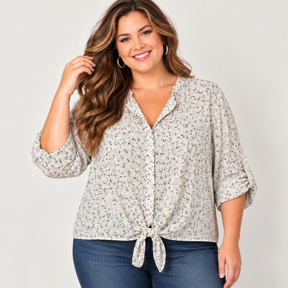 Vince Camuto Top Womens 2X Cream Floral Gold Metallic Tie Front Roll Tab Boho